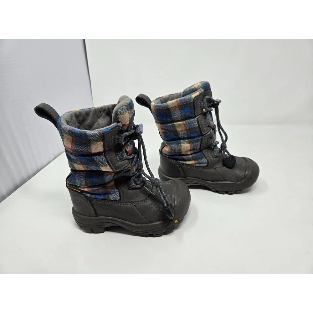 KEEN Toddler Sz 9  Waterproof Snow Boots Grey Plaid Cabincore Winter Boy Girl